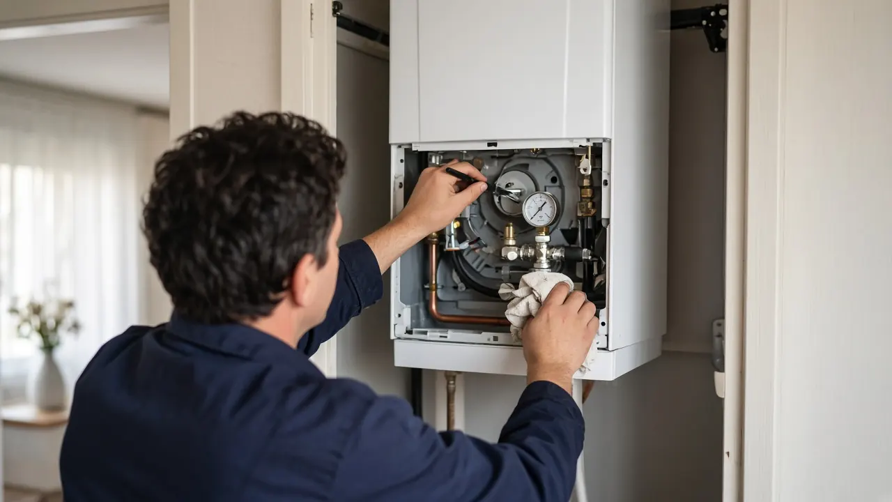 Chauffagiste contrôlant une chaudière gaz murale dans un appartement, manomètre et outils d'entretien visibles