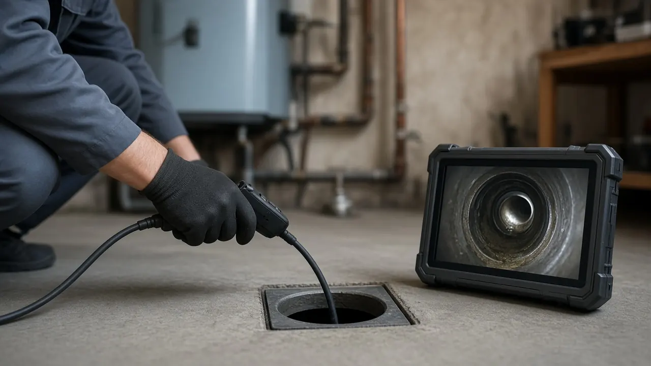Plombier inspectant l'intérieur d'une canalisation sur un écran grâce à une caméra d'inspection dans un local technique