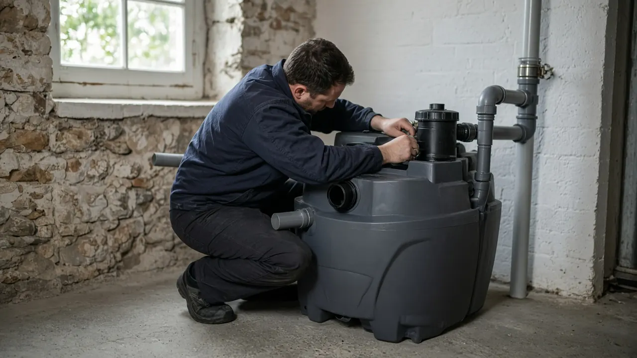 Plombier installant une pompe de relevage dans un sous-sol, cuve et canalisations de refoulement visibles