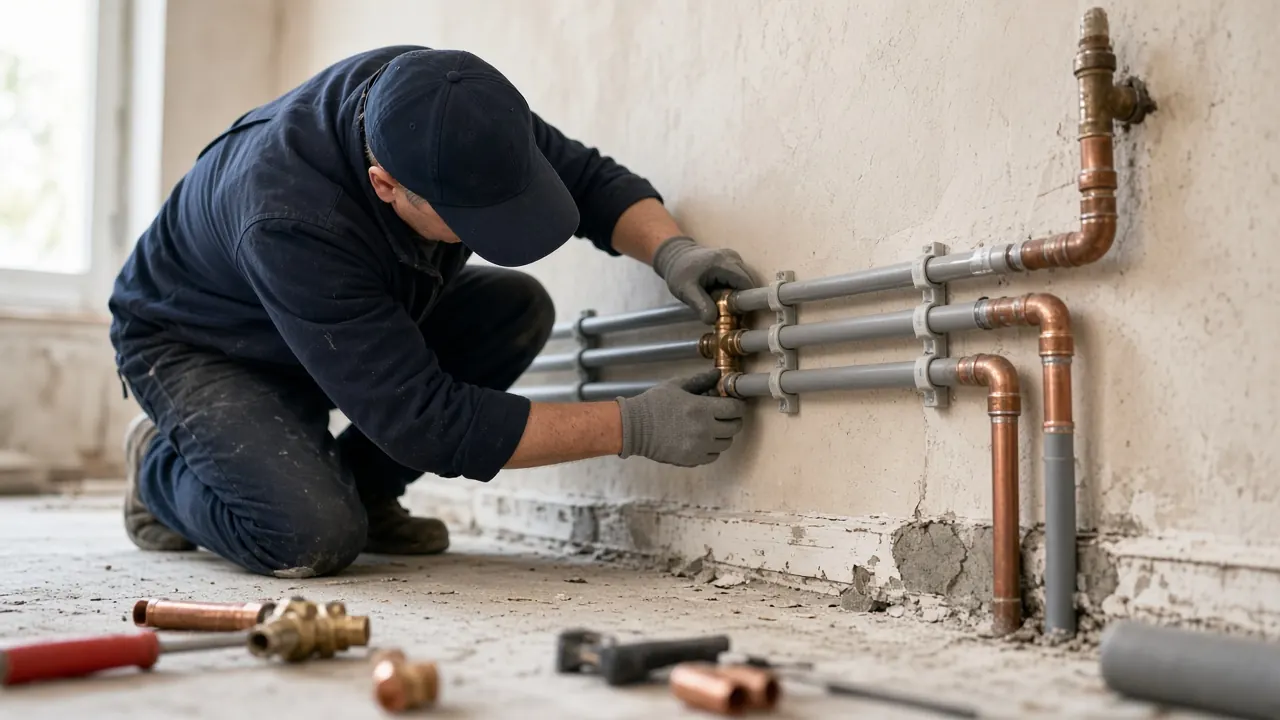 Plombier posant une nouvelle tuyauterie multicouche à côté d'anciens tubes, chantier de rénovation dans un appartement