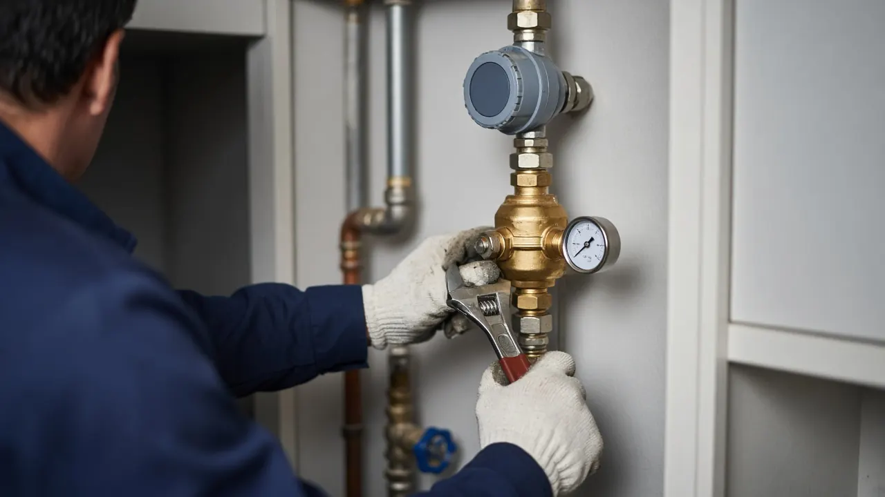 Plombier installant un réducteur de pression après le compteur d'eau, manomètre visible, dans un local technique