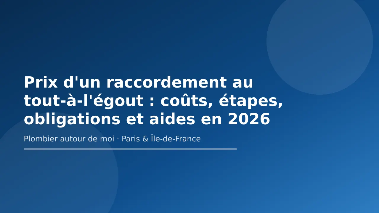Carte-titre « Prix d'un raccordement au tout-à-l'égout : coûts, étapes, obligations et aides en 2026 » — Plombier autour de moi, plombier à Paris et en Île-de-France