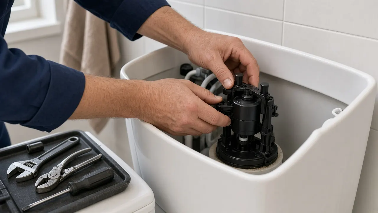 Plombier remplaçant le mécanisme d'une chasse d'eau, réservoir ouvert, dans une salle de bain contemporaine