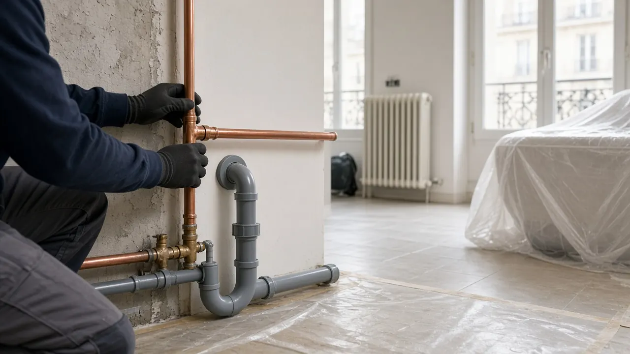 Chantier de rénovation de salle de bain : nouvelles arrivées d'eau et évacuations apparentes avant pose des sanitaires