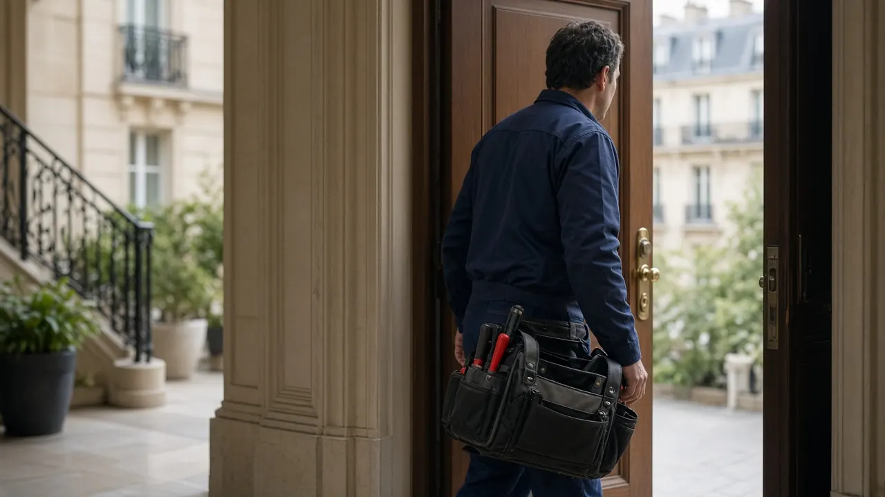 Plombier arrivant un dimanche avec sa caisse à outils à l'entrée d'un immeuble parisien pour une urgence