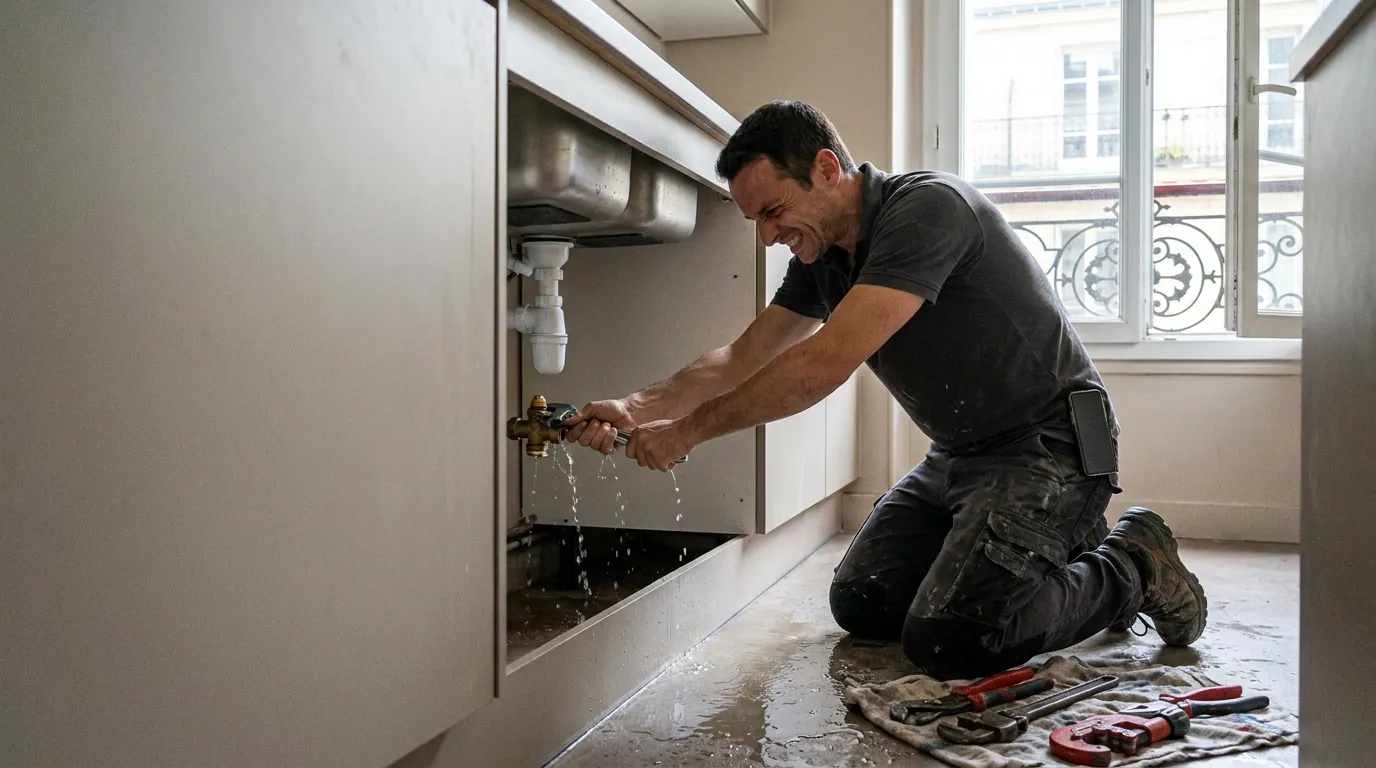 Plombier au travail à Paris : intervention sur une installation sanitaire
